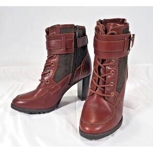 Antonio Melani Brown Leather Wool Lace Up Buckle Ankle Boots Block Heel 8.5M